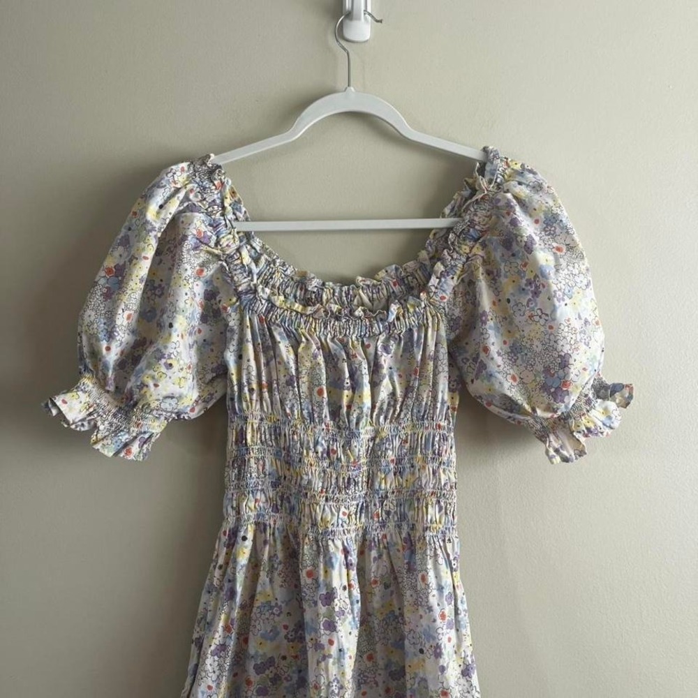 Levi's floral smocked mini dress M puff sleeve cottagecore off shoulder cotton